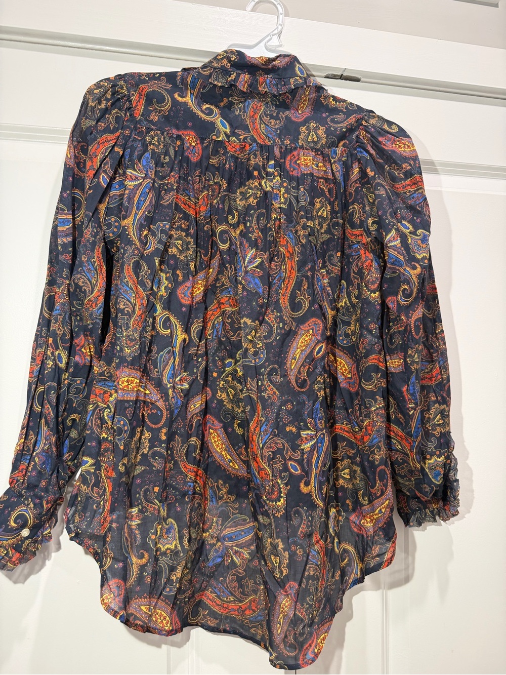Maje Paisley-print Ruffled Cotton Shirt In Navy- Size 0 - Picture 9 of 14